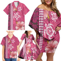 Pink Hibiscus Turle Family Matching Off Shoulder Short Dress and Hawaiian Shirt Hawaiian Style Tribal Tapa Pattern