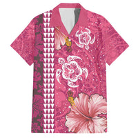 Pink Hibiscus Turle Family Matching Off Shoulder Short Dress and Hawaiian Shirt Hawaiian Style Tribal Tapa Pattern