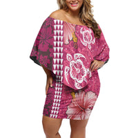 Pink Hibiscus Turle Family Matching Off Shoulder Short Dress and Hawaiian Shirt Hawaiian Style Tribal Tapa Pattern