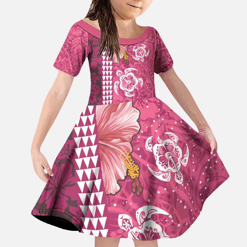 Pink Hibiscus Turle Family Matching Short Sleeve Bodycon Dress and Hawaiian Shirt Hawaiian Style Tribal Tapa Pattern