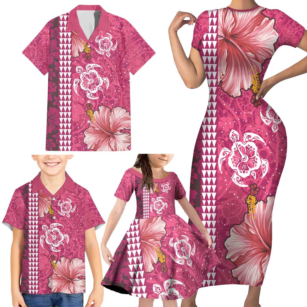Pink Hibiscus Turle Family Matching Short Sleeve Bodycon Dress and Hawaiian Shirt Hawaiian Style Tribal Tapa Pattern