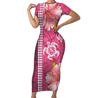 Pink Hibiscus Turle Family Matching Short Sleeve Bodycon Dress and Hawaiian Shirt Hawaiian Style Tribal Tapa Pattern