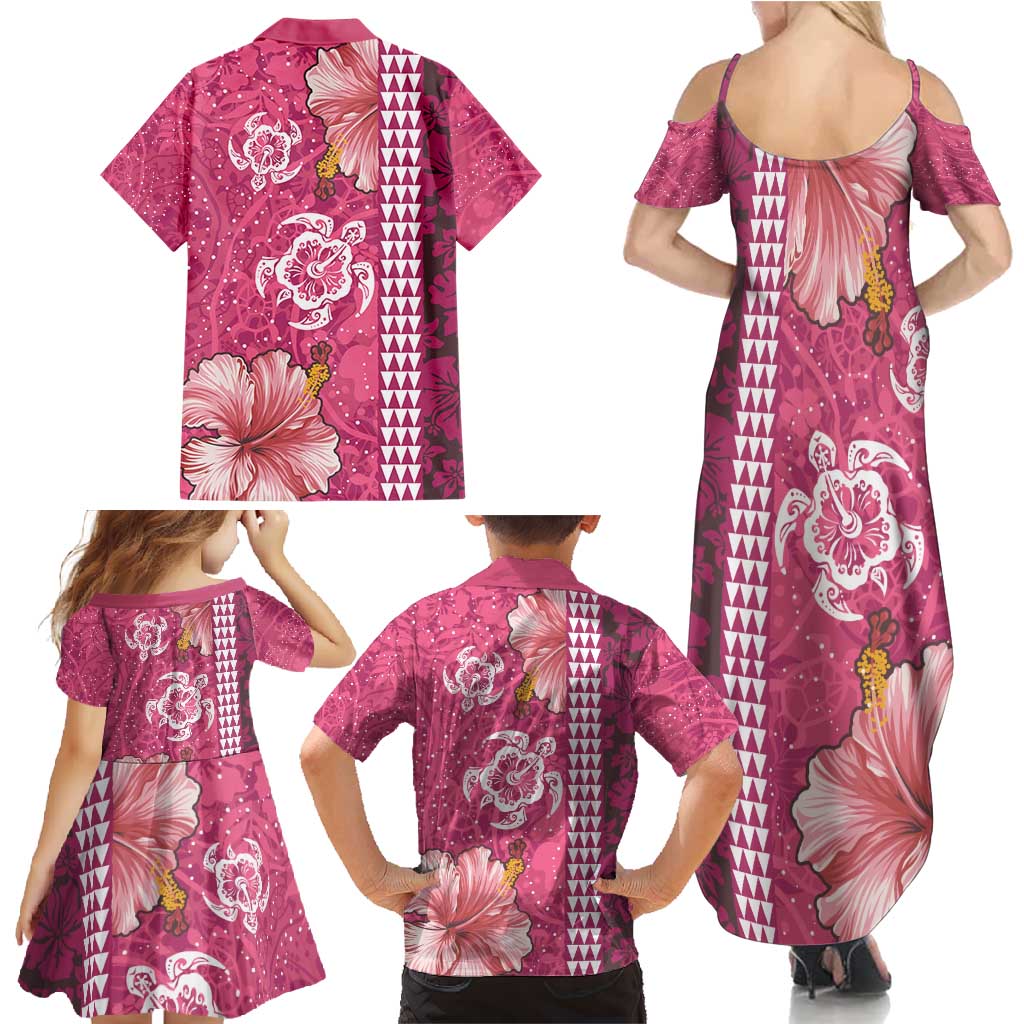 Pink Hibiscus Turle Family Matching Summer Maxi Dress and Hawaiian Shirt Hawaiian Style Tribal Tapa Pattern
