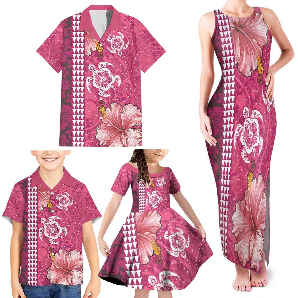 Pink Hibiscus Turle Family Matching Tank Maxi Dress and Hawaiian Shirt Hawaiian Style Tribal Tapa Pattern