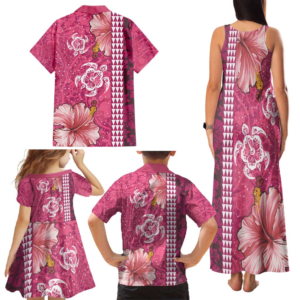 Pink Hibiscus Turle Family Matching Tank Maxi Dress and Hawaiian Shirt Hawaiian Style Tribal Tapa Pattern