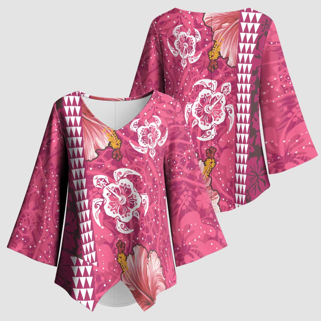 Pink Hibiscus Turle Kimono Sleeve Blouse Hawaiian Style Tribal Tapa Pattern - Polynesian Pride