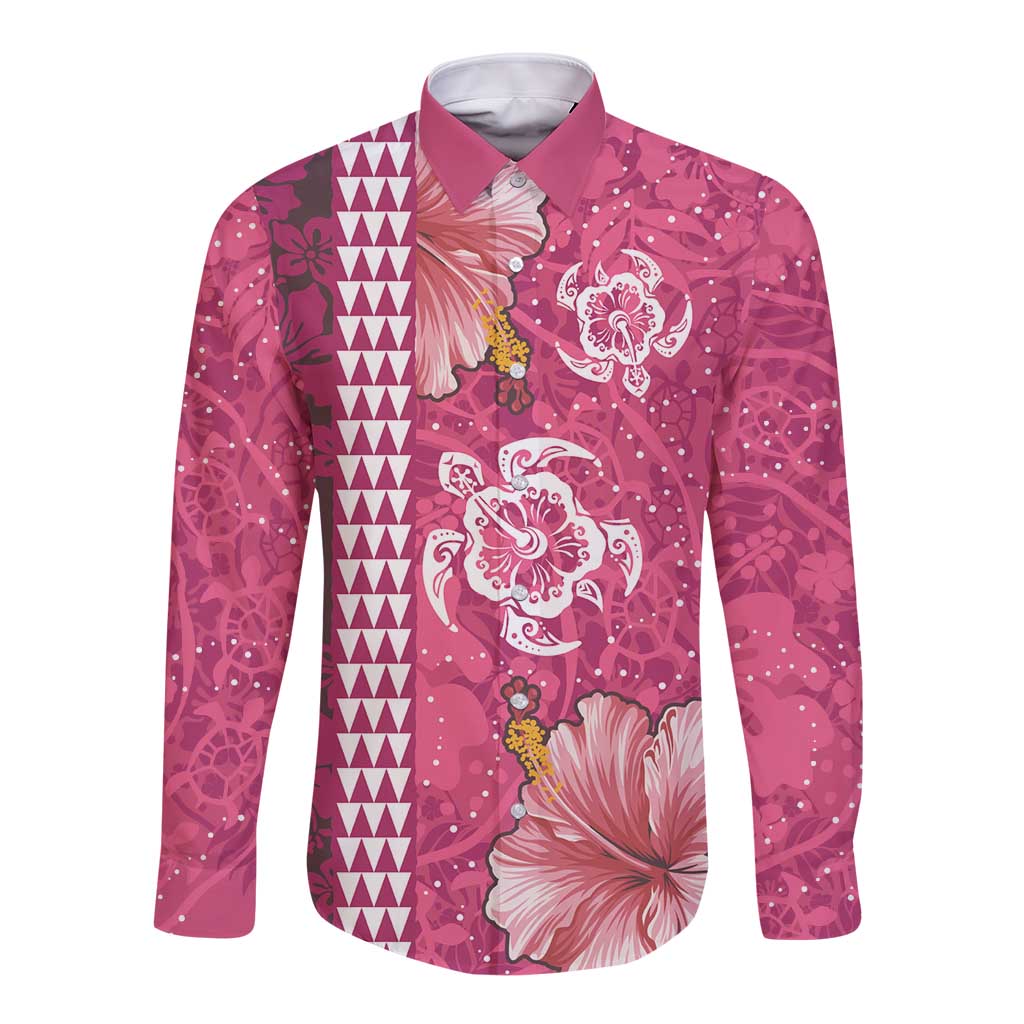 Pink Hibiscus Turle Long Sleeve Button Shirt Hawaiian Style Tribal Tapa Pattern