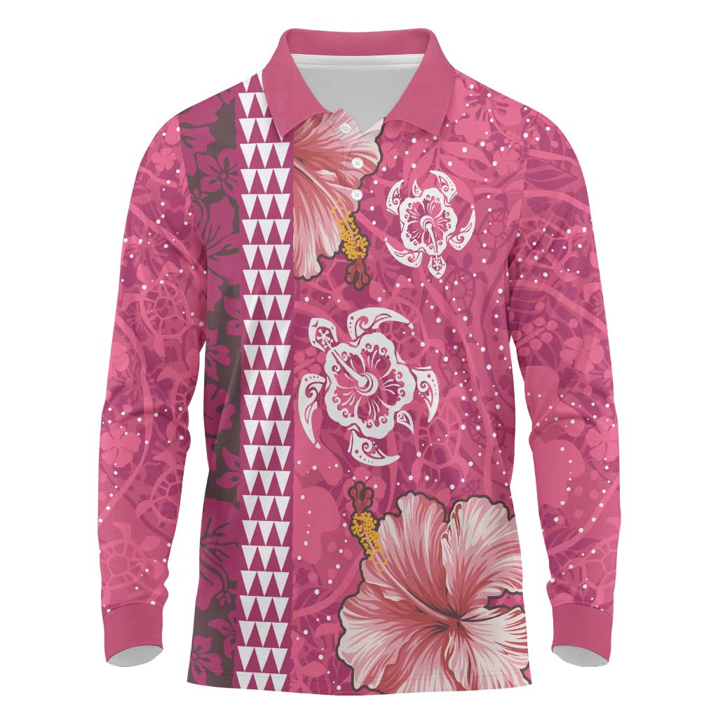 Pink Hibiscus Turle Long Sleeve Polo Shirt Hawaiian Style Tribal Tapa Pattern