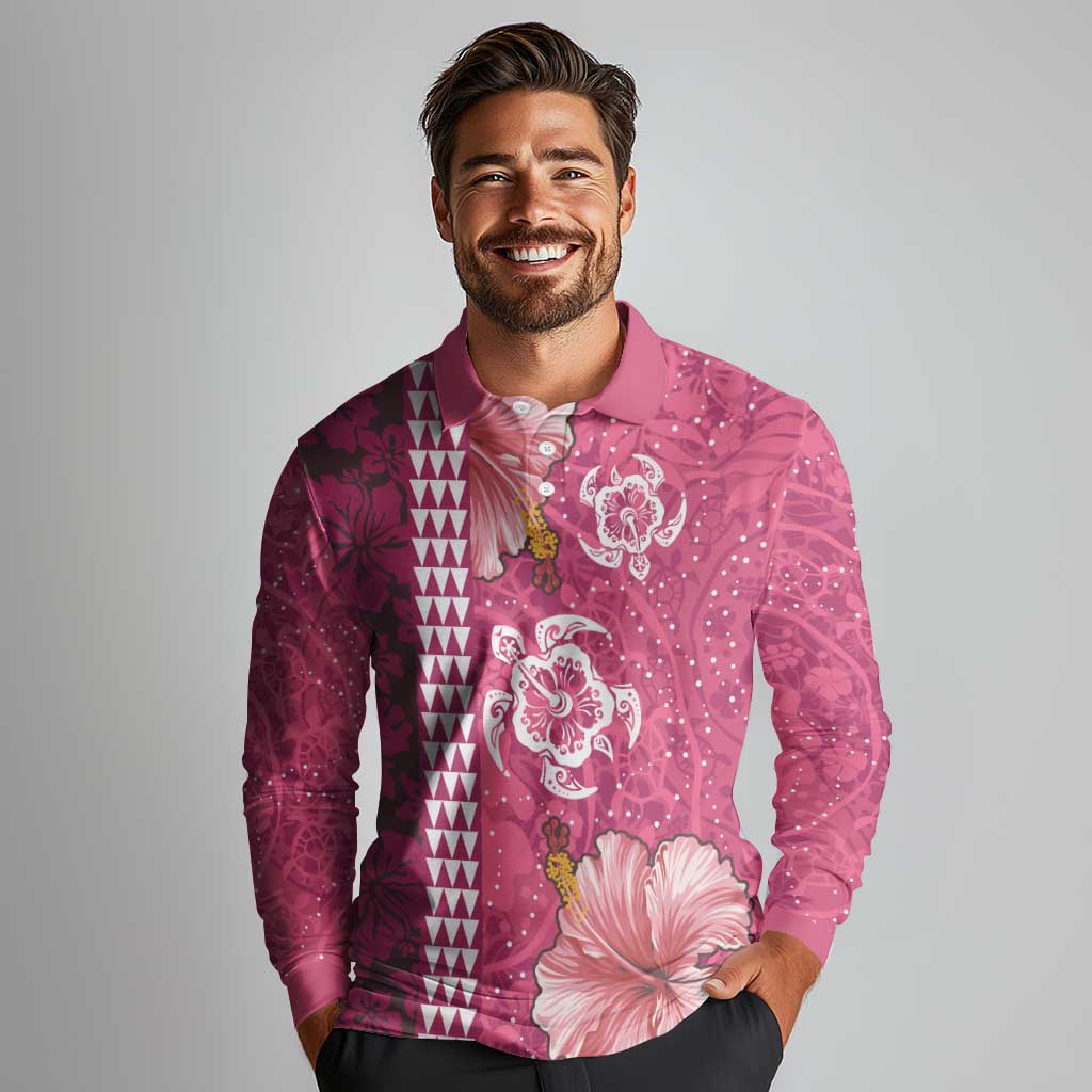 Pink Hibiscus Turle Long Sleeve Polo Shirt Hawaiian Style Tribal Tapa Pattern