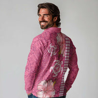 Pink Hibiscus Turle Long Sleeve Polo Shirt Hawaiian Style Tribal Tapa Pattern