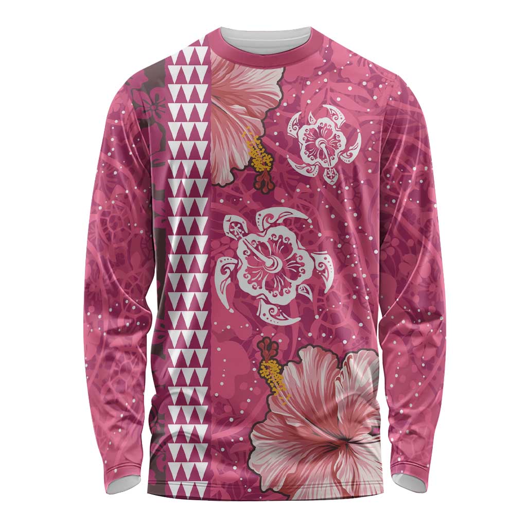 Pink Hibiscus Turle Long Sleeve Shirt Hawaiian Style Tribal Tapa Pattern