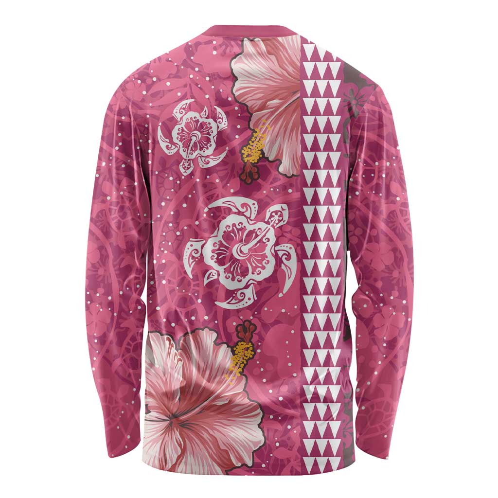 Pink Hibiscus Turle Long Sleeve Shirt Hawaiian Style Tribal Tapa Pattern