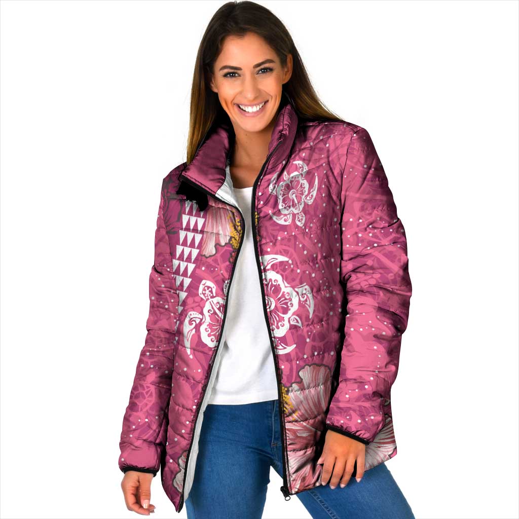 Pink Hibiscus Turle Padded Jacket Hawaiian Style Tribal Tapa Pattern - Polynesian Pride