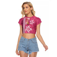 Pink Hibiscus Turle Raglan Cropped T Shirt Hawaiian Style Tribal Tapa Pattern