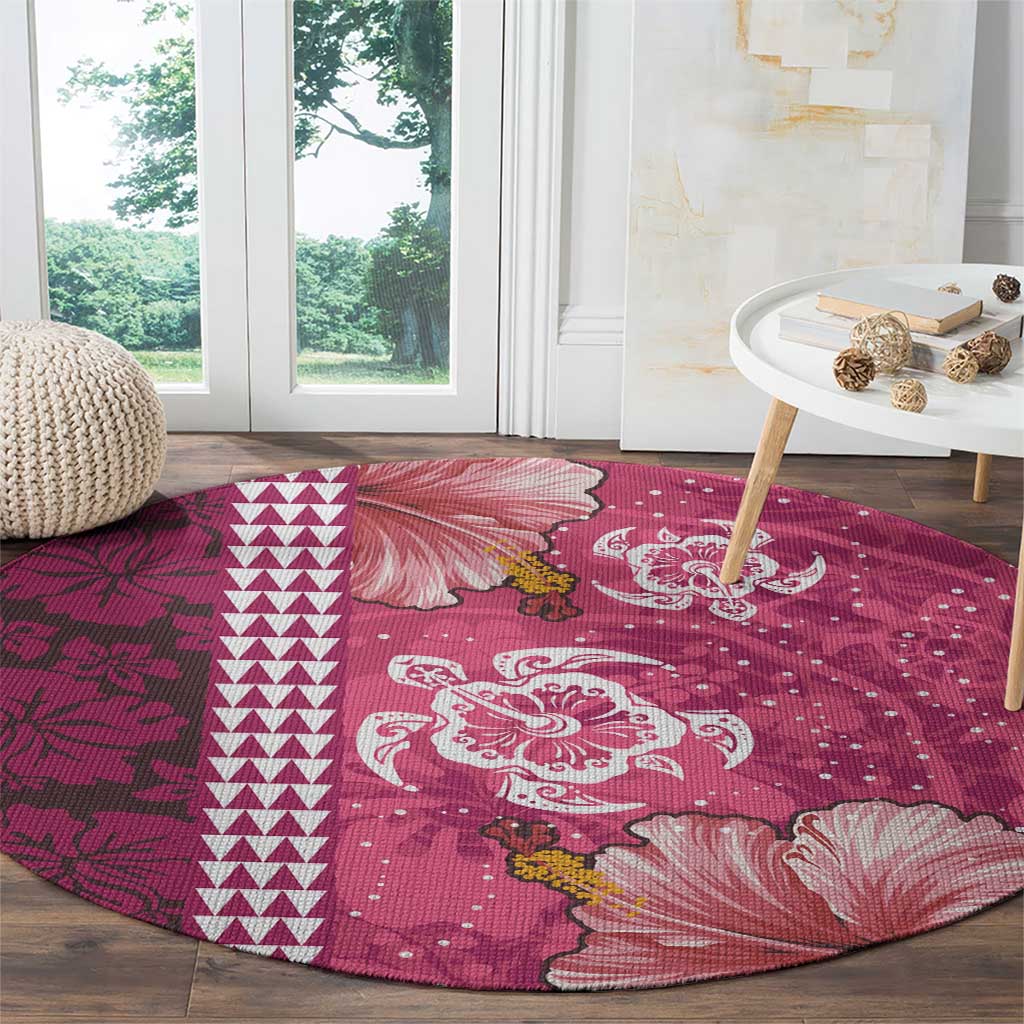 Pink Hibiscus Turle Round Carpet Hawaiian Style Tribal Tapa Pattern