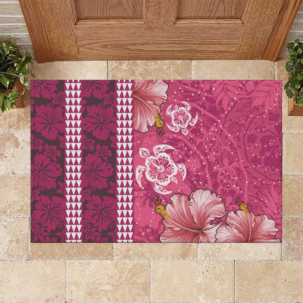 Pink Hibiscus Turle Rubber Doormat Hawaiian Style Tribal Tapa Pattern