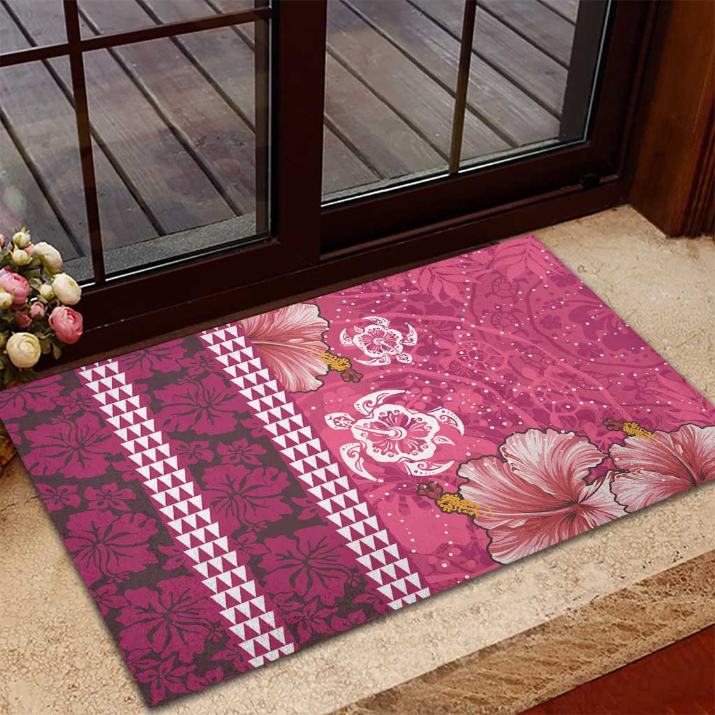 Pink Hibiscus Turle Rubber Doormat Hawaiian Style Tribal Tapa Pattern