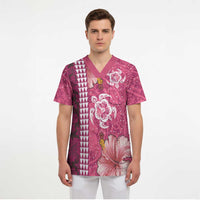 Pink Hibiscus Turle Scrub Top Hawaiian Style Tribal Tapa Pattern - Polynesian Pride