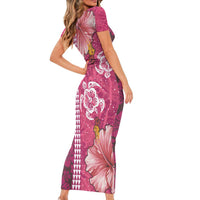 Pink Hibiscus Turle Short Sleeve Bodycon Dress Hawaiian Style Tribal Tapa Pattern