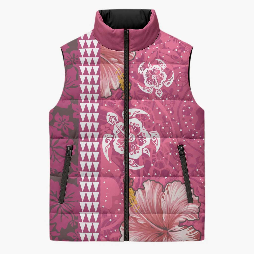 Pink Hibiscus Turle Sleeveless Puffer Jacket Hawaiian Style Tribal Tapa Pattern - Polynesian Pride