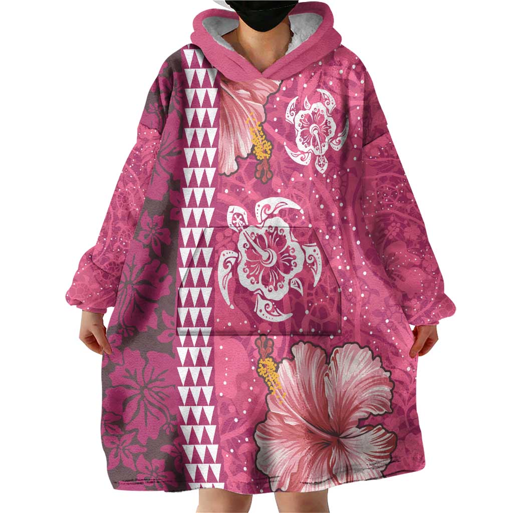 Pink Hibiscus Turle Wearable Blanket Hoodie Hawaiian Style Tribal Tapa Pattern