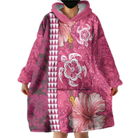Pink Hibiscus Turle Wearable Blanket Hoodie Hawaiian Style Tribal Tapa Pattern