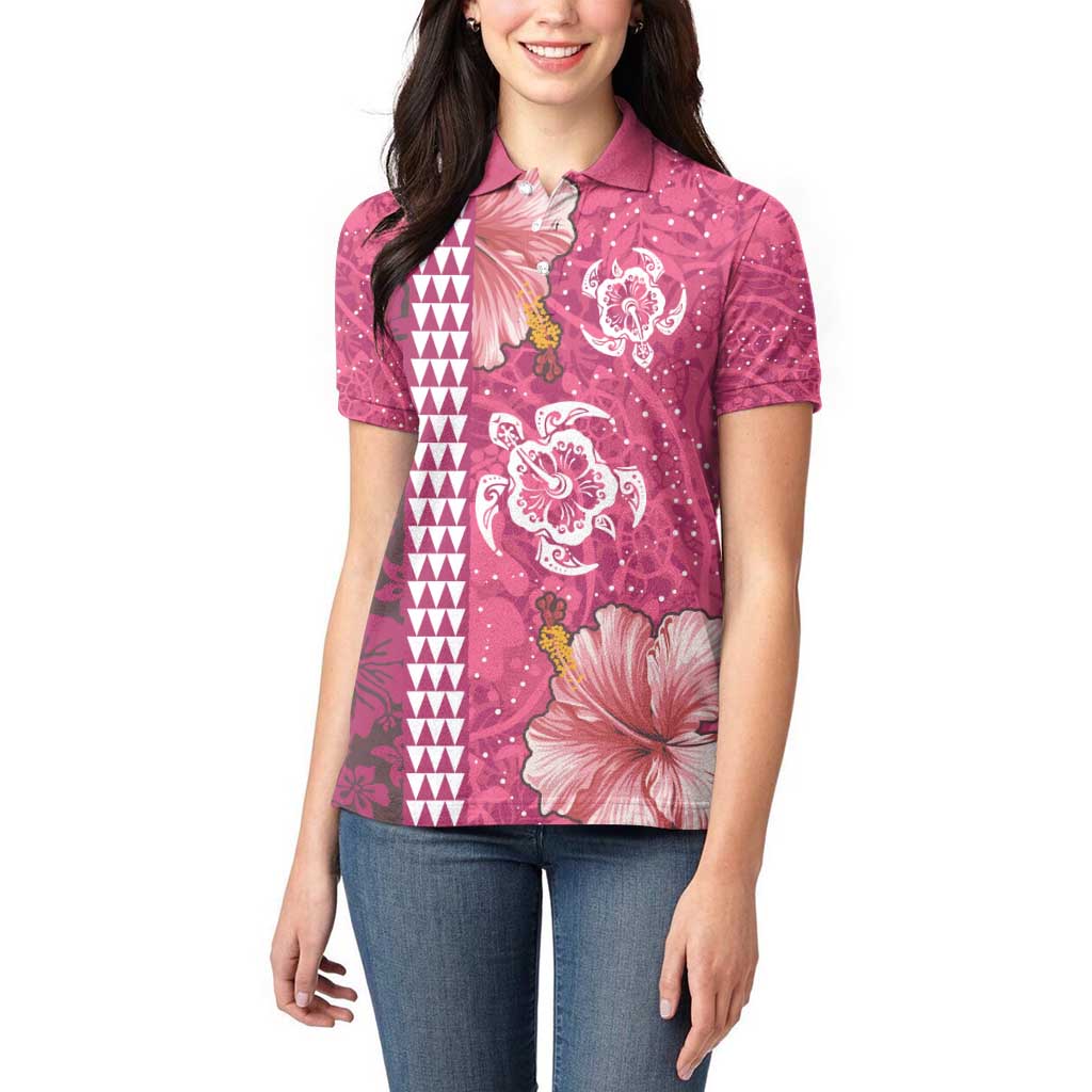 Pink Hibiscus Turle Women Polo Shirt Hawaiian Style Tribal Tapa Pattern