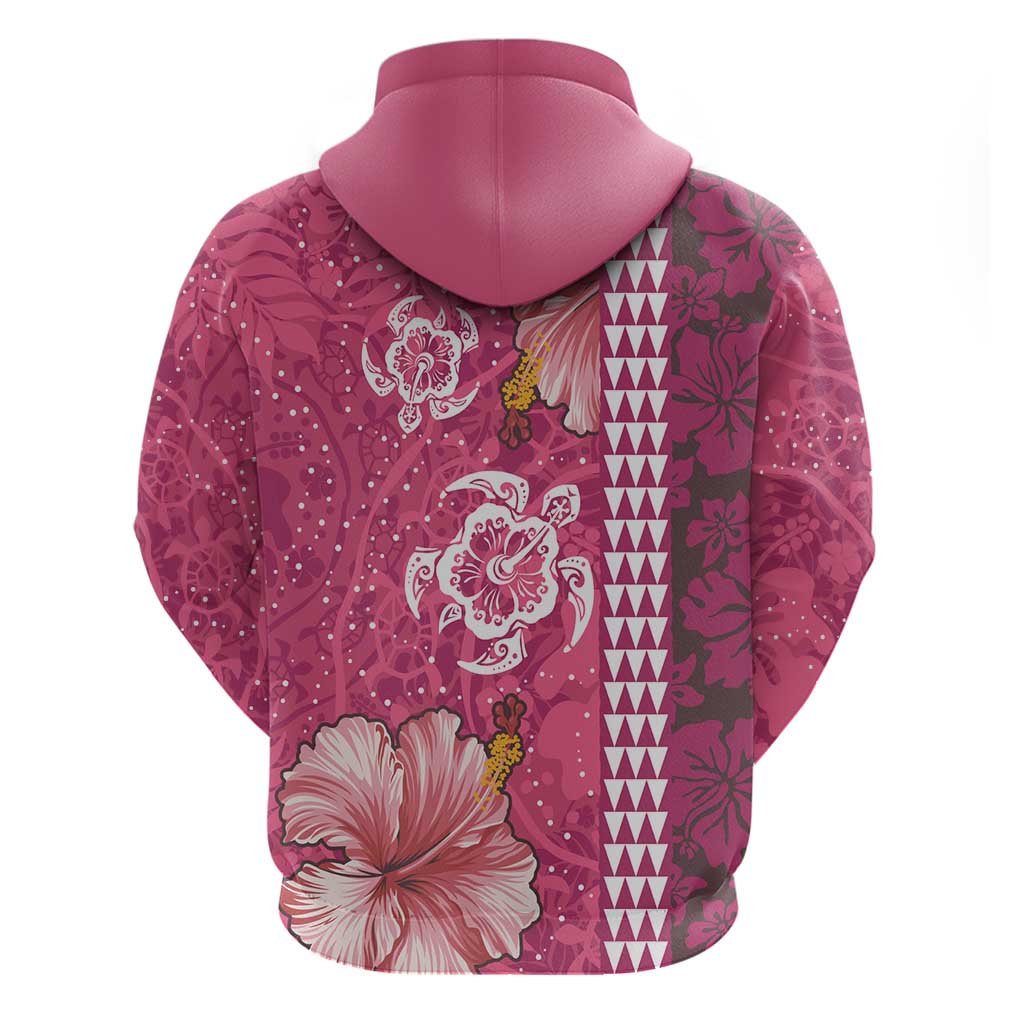Pink Hibiscus Turle Zip Hoodie Hawaiian Style Tribal Tapa Pattern