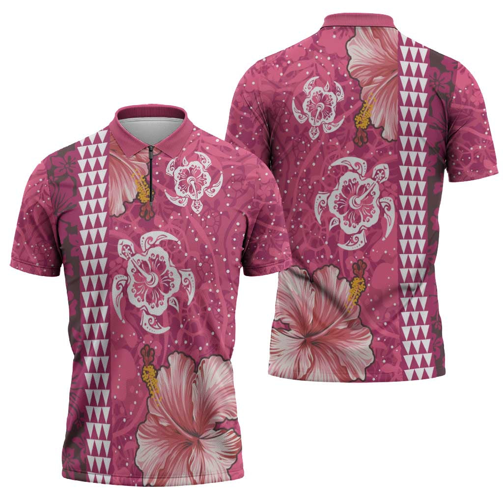 Pink Hibiscus Turle Zipper Polo Shirt Hawaiian Style Tribal Tapa Pattern - Polynesian Pride