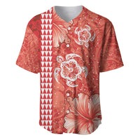 Red Hibiscus Turle Baseball Jersey Hawaiian Style Tribal Tapa Pattern LT9 Red - Polynesian Pride