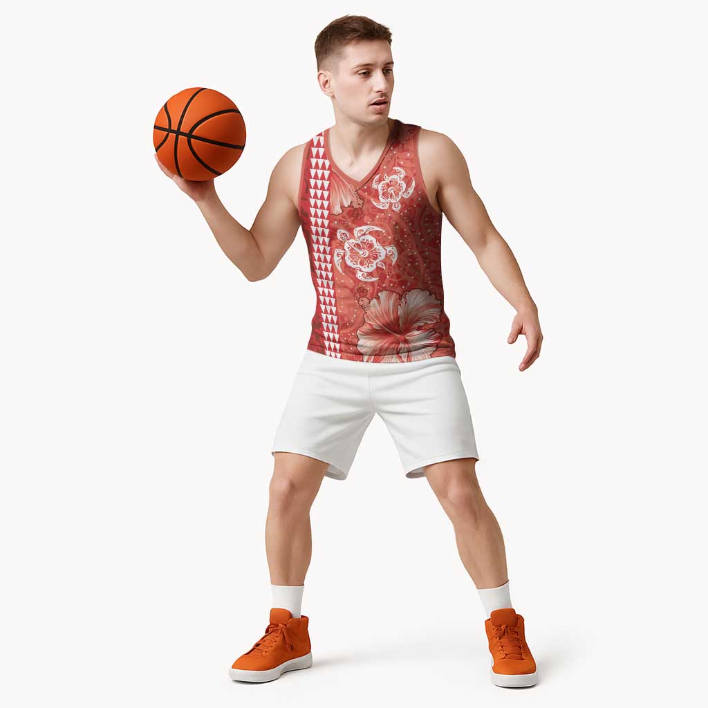 Red Hibiscus Turle Basketball Jersey Hawaiian Style Tribal Tapa Pattern - Polynesian Pride