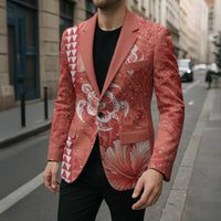 Red Hibiscus Turle Blazer Hawaiian Style Tribal Tapa Pattern - Polynesian Pride