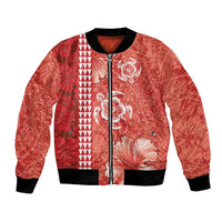 Red Hibiscus Turle Bomber Jacket Hawaiian Style Tribal Tapa Pattern
