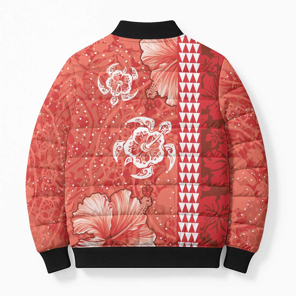 Red Hibiscus Turle Bomber Puffer Jacket Hawaiian Style Tribal Tapa Pattern - Polynesian Pride