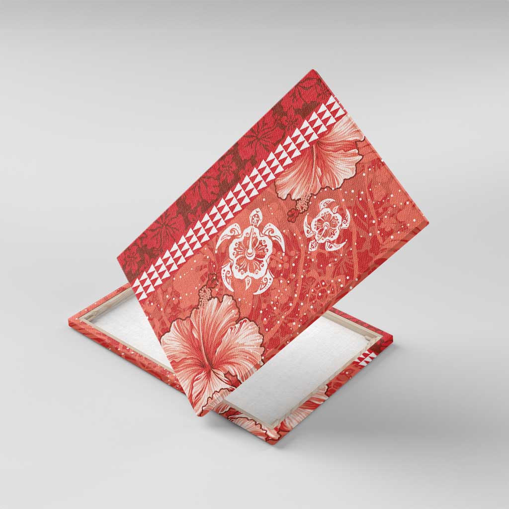Red Hibiscus Turle Canvas Wall Art Hawaiian Style Tribal Tapa Pattern