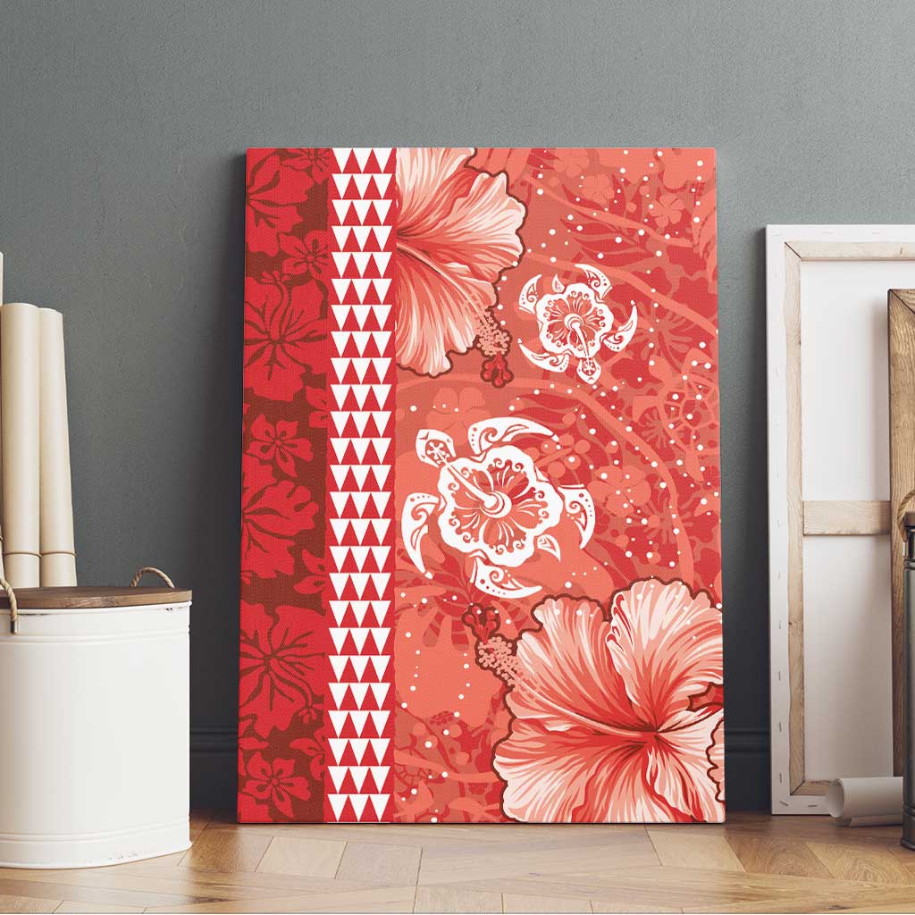 Red Hibiscus Turle Canvas Wall Art Hawaiian Style Tribal Tapa Pattern