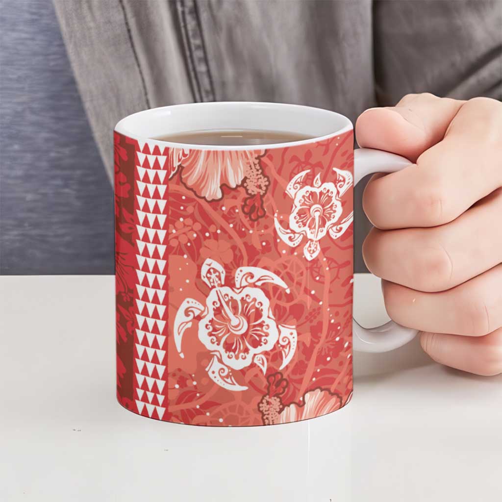 Red Hibiscus Turle Ceramic Mug Hawaiian Style Tribal Tapa Pattern - Polynesian Pride