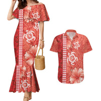 Red Hibiscus Turle Couples Matching Mermaid Dress and Hawaiian Shirt Hawaiian Style Tribal Tapa Pattern LT9 Red - Polynesian Pride
