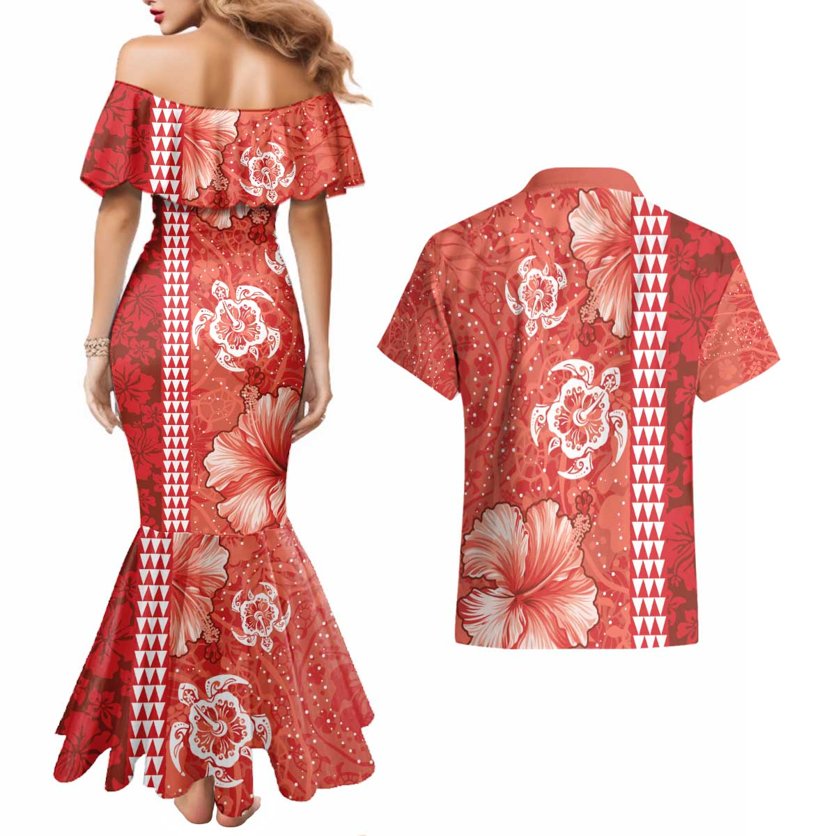 Red Hibiscus Turle Couples Matching Mermaid Dress and Hawaiian Shirt Hawaiian Style Tribal Tapa Pattern LT9 - Polynesian Pride