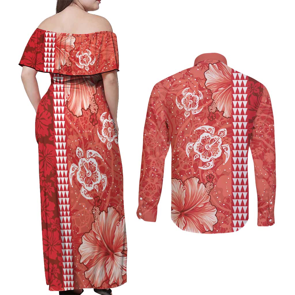 Red Hibiscus Turle Couples Matching Off Shoulder Maxi Dress and Long Sleeve Button Shirt Hawaiian Style Tribal Tapa Pattern LT9 - Polynesian Pride