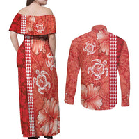 Red Hibiscus Turle Couples Matching Off Shoulder Maxi Dress and Long Sleeve Button Shirt Hawaiian Style Tribal Tapa Pattern LT9 - Polynesian Pride