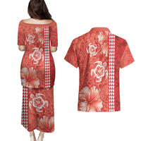 Red Hibiscus Turle Couples Matching Puletasi and Hawaiian Shirt Hawaiian Style Tribal Tapa Pattern LT9 - Polynesian Pride