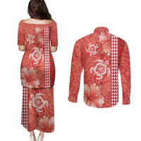 Red Hibiscus Turle Couples Matching Puletasi and Long Sleeve Button Shirt Hawaiian Style Tribal Tapa Pattern LT9 - Polynesian Pride
