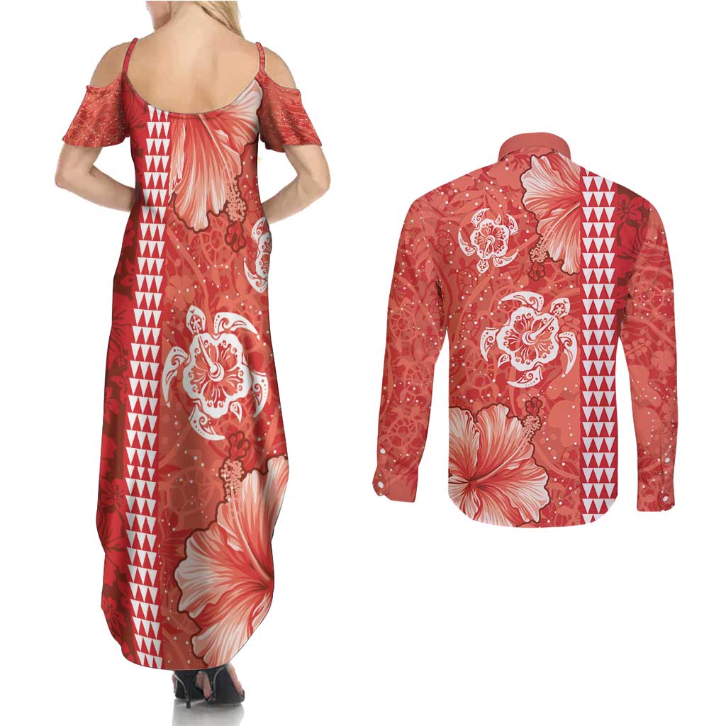 Red Hibiscus Turle Couples Matching Summer Maxi Dress and Long Sleeve Button Shirt Hawaiian Style Tribal Tapa Pattern LT9 - Polynesian Pride