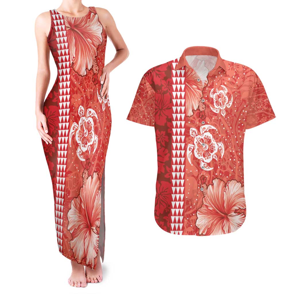 Red Hibiscus Turle Couples Matching Tank Maxi Dress and Hawaiian Shirt Hawaiian Style Tribal Tapa Pattern LT9 Red - Polynesian Pride