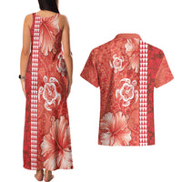 Red Hibiscus Turle Couples Matching Tank Maxi Dress and Hawaiian Shirt Hawaiian Style Tribal Tapa Pattern LT9 - Polynesian Pride