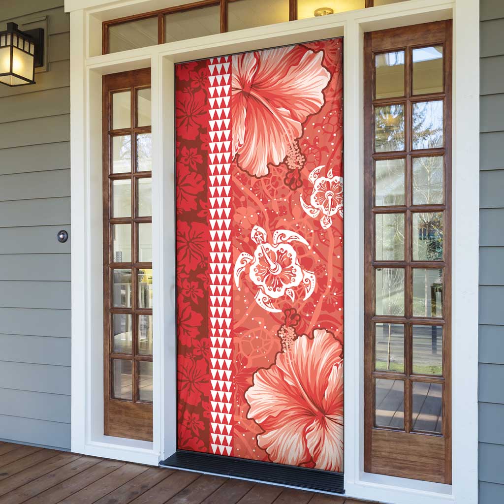 Red Hibiscus Turle Door Cover Hawaiian Style Tribal Tapa Pattern - Polynesian Pride
