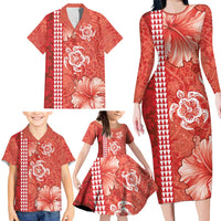 Red Hibiscus Turle Family Matching Long Sleeve Bodycon Dress and Hawaiian Shirt Hawaiian Style Tribal Tapa Pattern