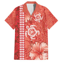 Red Hibiscus Turle Family Matching Off The Shoulder Long Sleeve Dress and Hawaiian Shirt Hawaiian Style Tribal Tapa Pattern