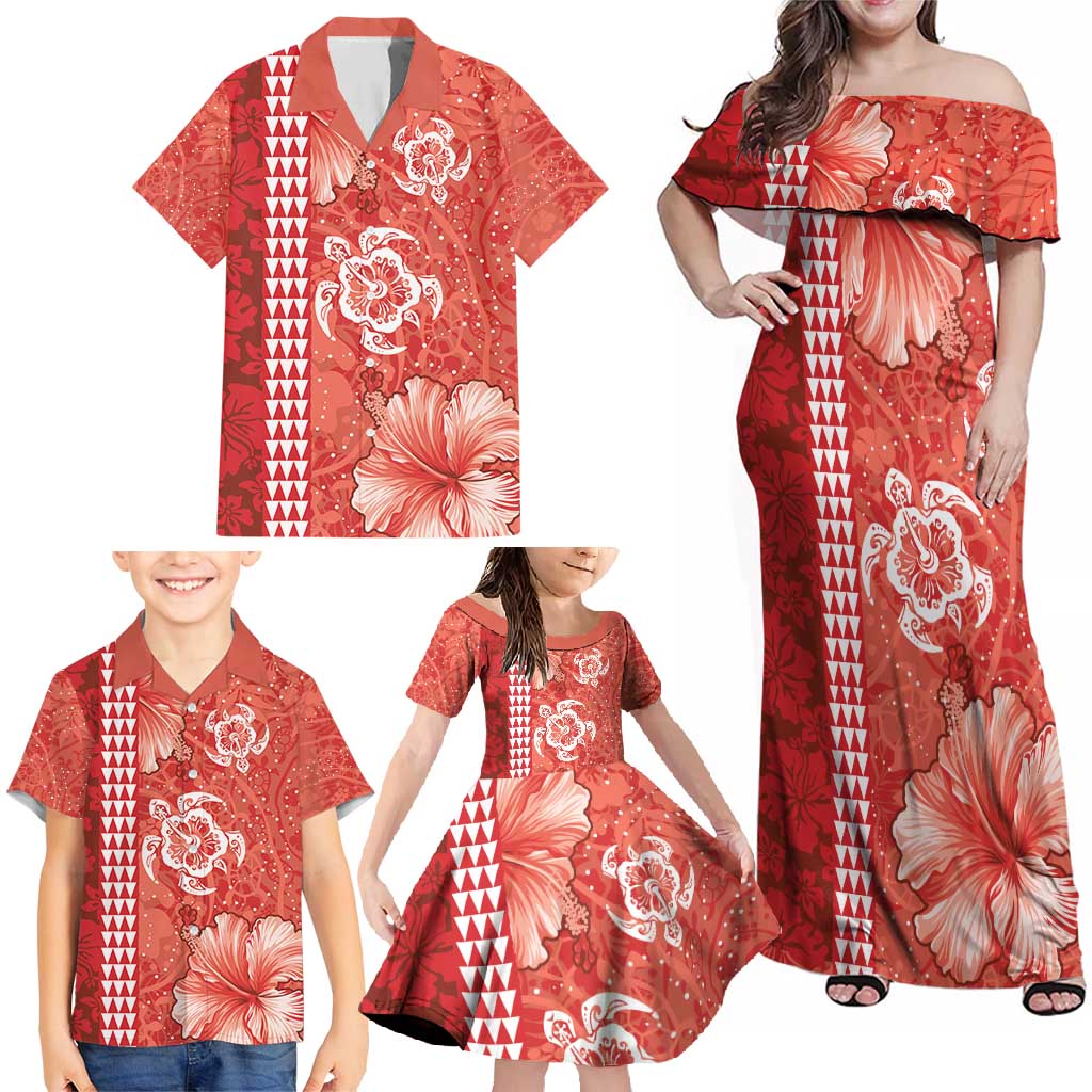 Red Hibiscus Turle Family Matching Off Shoulder Maxi Dress and Hawaiian Shirt Hawaiian Style Tribal Tapa Pattern